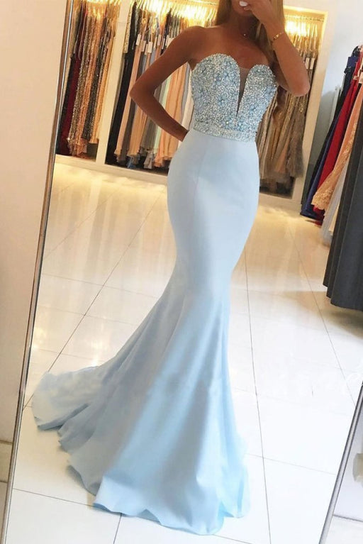 Beautiful Glorious Graceful Sexy Light Blue Beading Strapless Long Prom Dresses Sparkle Mermaid Party Gown - Prom Dresses