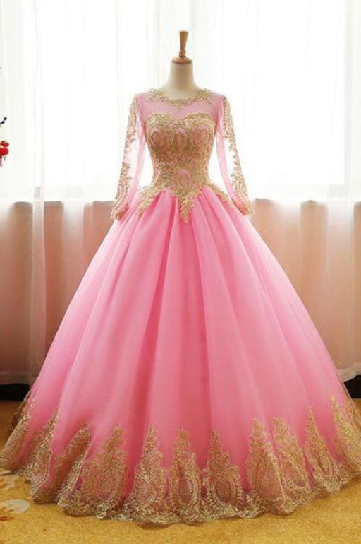 Beautiful Precious Affordable Ball Gown Pink Tulle Prom with Gold Appliques Long Sleeves Quinceanera Dress - Prom Dresses