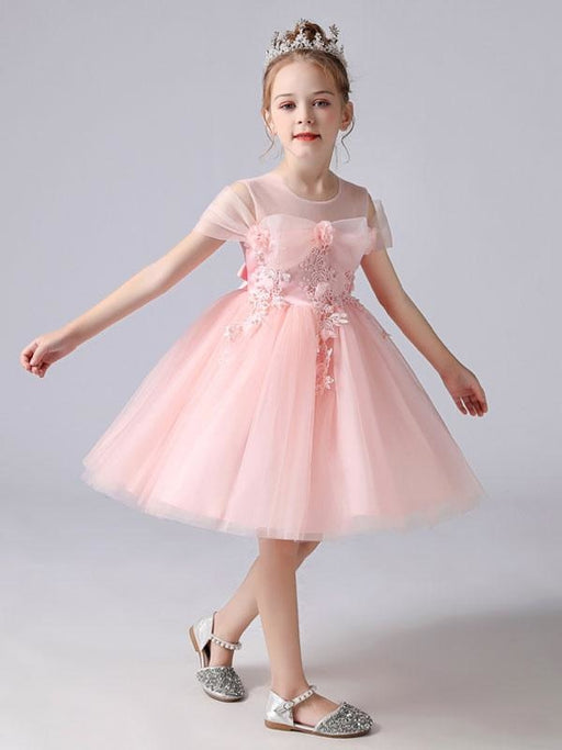 Pink Flower Girl Dresses Jewel Neck Sleeveless Short Princess Lace Flowers Formal Kids Pageant Dresses