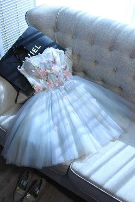 Beautiful Sweetheart Tulle Graduation with Flower A Line Strapless Cute Homecoming Dress - Prom Dresses
