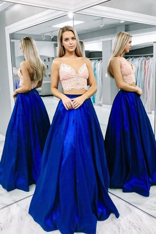 Beautiful Two Pieces Royal Blue Satin Prom Dresses Spaghetti Strap Long Party Dress - Prom Dresses