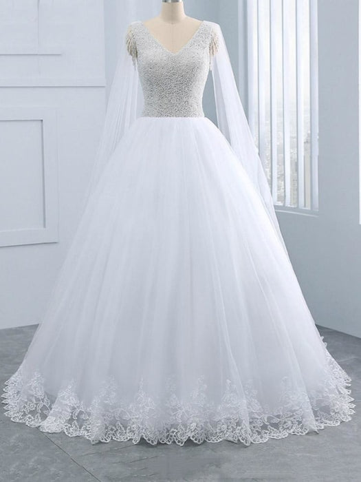 Beautiful V-neck Pearls Princess Wedding Dresses - White / Floor Length - wedding dresses
