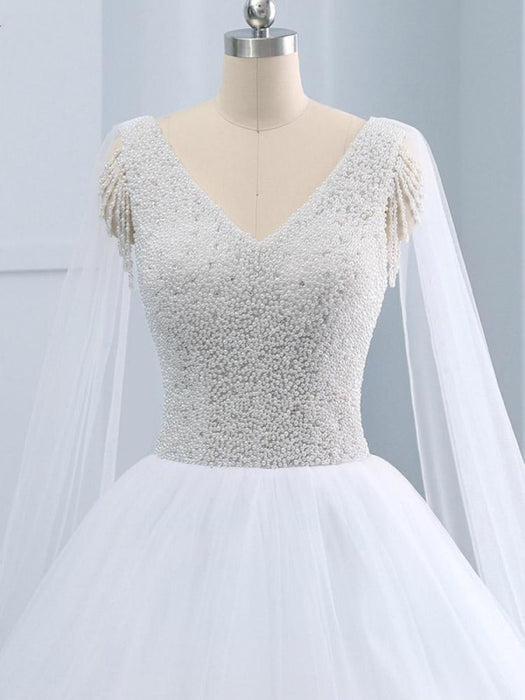 Beautiful V-neck Pearls Princess Wedding Dresses - wedding dresses