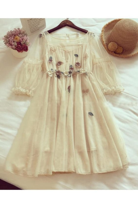 Beige 3/4 Sleeve Knee Length Prom Dress with Flowers Sweet Homecoming Dresses - Prom Dresses