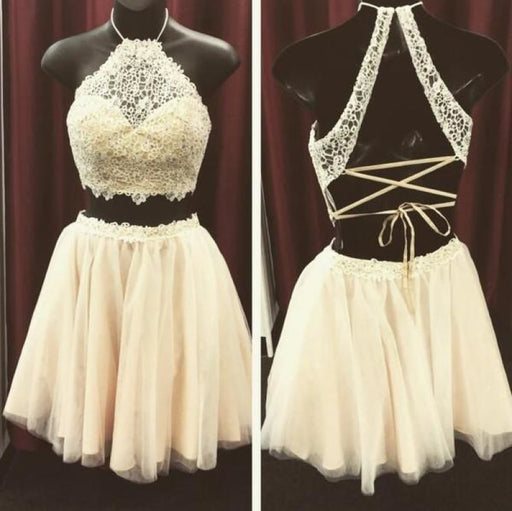 Beige Two Pieces Lace Top Halter Sleeveless Graduation Homecoming Dress for Teens - Prom Dresses