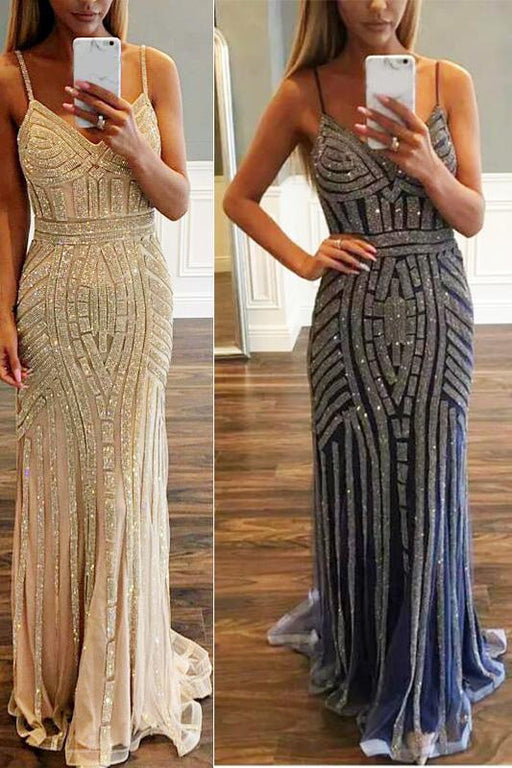 Best Amazing Modest Luxurious Mermaid Spaghetti Straps V-Neck Sparkly Sweep Train Prom Party Dress - Prom Dresses