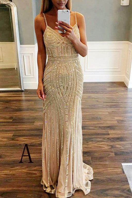 Best Amazing Modest Luxurious Mermaid Spaghetti Straps V-Neck Sparkly Sweep Train Prom Party Dress - Prom Dresses