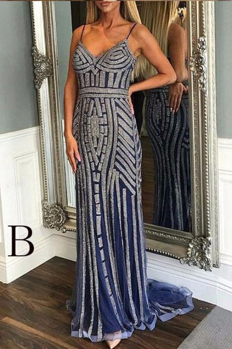 Best Amazing Modest Luxurious Mermaid Spaghetti Straps V-Neck Sparkly Sweep Train Prom Party Dress - Prom Dresses