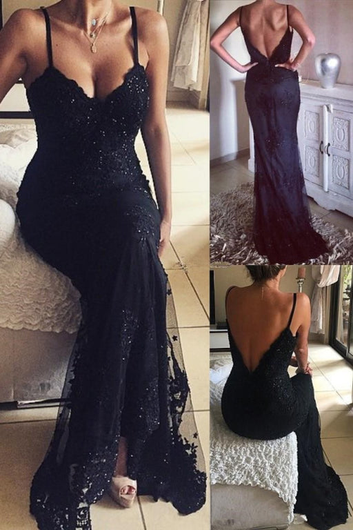 Best Elegant Marvelous Vintage Mermaid Black Long Beaded Lace Appliques V-Neck Prom Dresses - Prom Dresses