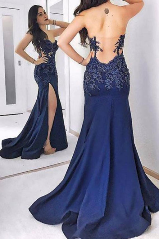 Best Fascinating Fascinating Dark Blue Strapless Long Evening Dress Sexy Sweetheart Appliqued Prom Dresses - Prom Dresses