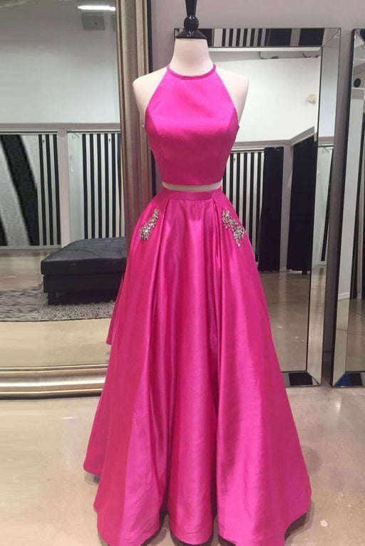 Best Graceful Hot Pink Halter Two Pieces Prom Dress with Pockets Floor Length Formal Dresses - Prom Dresses