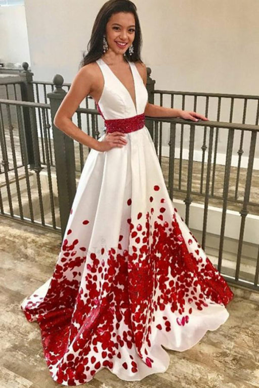 Best Latest Glorious A-Line Deep V-Neck Floral Satin Prom with Beading Sweep Train Evening Dress - Prom Dresses