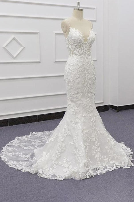 Best Spaghetti Strap Appliques Mermaid Wedding Dress - Wedding Dresses