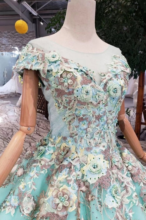 Big Sheer Neck Puffy Prom Cap Sleeves Fairy Tale Lace Dress with Beading - Prom Dresses
