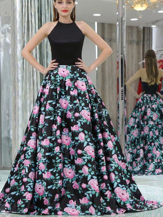 Black A-line Halter Sleeveless Floral Long Dress Elegant Prom Gown - Prom Dresses