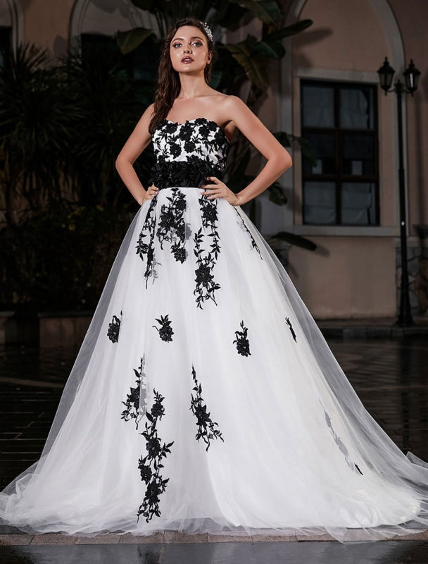 Black A-Line Wedding Dress Strapless Black Applique Sash Tulle Satin Fabric  Wedding Gown — Bridelily