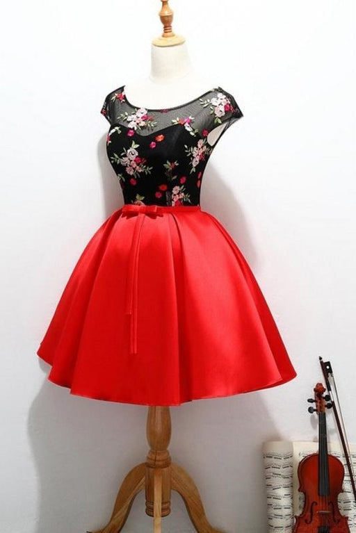 Black and Red Satin Homecoming Party Dresses with Applique A Line Short Prom Dress - Prom Dresses