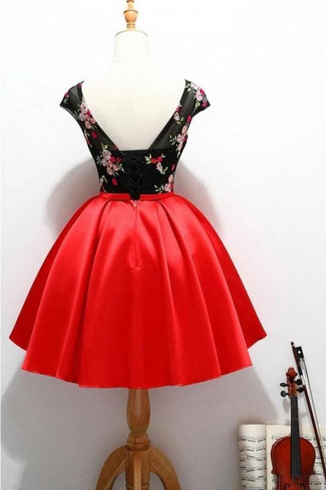 Black and Red Satin Homecoming Party Dresses with Applique A Line Short Prom Dress - Prom Dresses