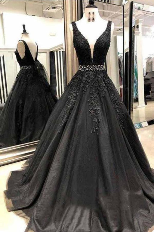 Black Appliques Prom Dress with Beaded Waist A Line Tulle Long Graduation Dresses - Prom Dresses