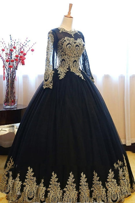 Black Ball Gown Long Sleeves Party Princess Tulle Prom Dress with Lace Appliques - Prom Dresses