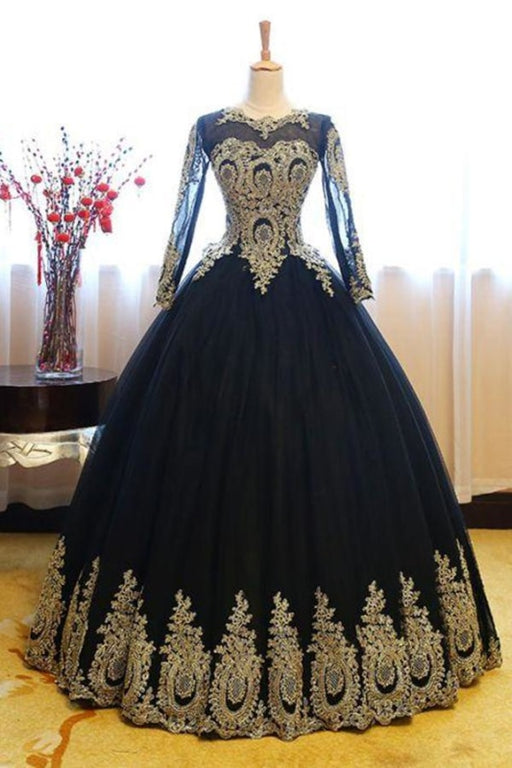Black Ball Gown Long Sleeves Party Princess Tulle Prom Dress with Lace Appliques - Prom Dresses