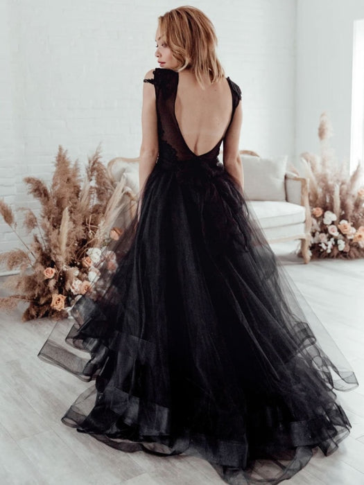 Black Bridal Dress A-Line Illusion Neckline Sleeveless Backless Applique Floor-Length Lace Tulle Bridal Gowns