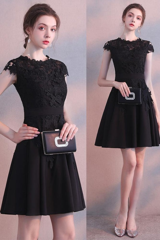 Black Cap Sleeves Satin Short Homecoming Dress with Lace Cute Mini Cocktail Dresses - Prom Dresses