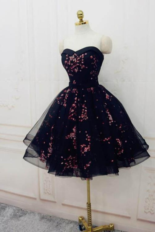 Black Cute Sweetheart Tulle Formal Dresses Puffy Strapless Appliqued Homecoming Dress - Prom Dresses