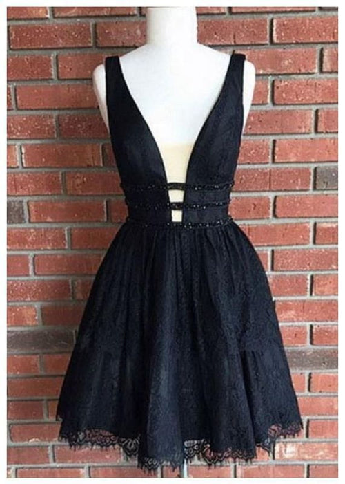 Black Deep V-neck Sexy Sleeveless Short Homecoming Dresses - Prom Dresses