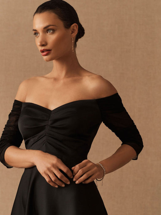 Black Evening Dress A-Line Bateau Neck Short Sleeves Zipper Pockets Ma Bridelily Black Evening Dress A-Line Bateau Neck Short Sleeves Zipper Pockets Ma Bridelily