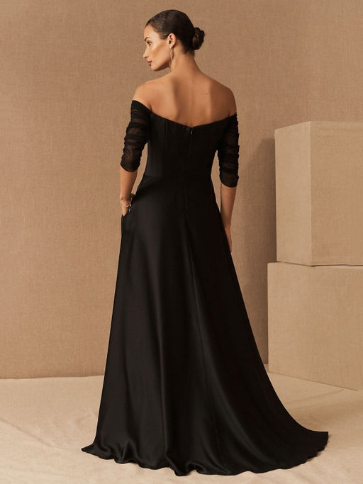 Black Evening Dress A-Line Bateau Neck Short Sleeves Zipper Pockets Matte Satin Floor-Length Formal Party Dresses