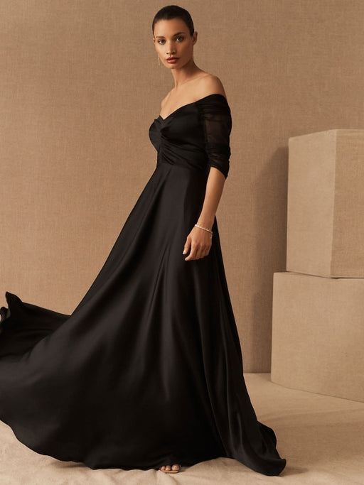 Black Evening Dress A-Line Bateau Neck Short Sleeves Zipper Pockets Matte Satin Floor-Length Formal Party Dresses