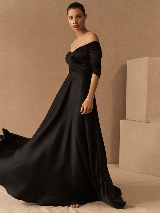 Black Evening Dress A-Line Bateau Neck Short Sleeves Zipper Pockets Matte Satin Floor-Length Formal Party Dresses