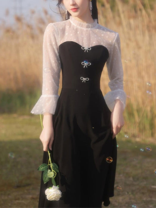 Black Evening Dress A-Line Jewel Neck 3/4 Length Sleeves Zipper Stretch Tea-Length Crepe Social Party Dresses