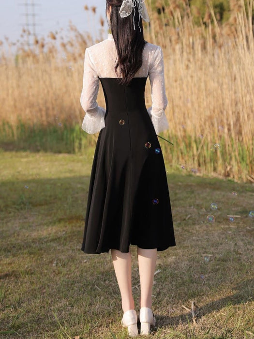 Black Evening Dress A-Line Jewel Neck 3/4 Length Sleeves Zipper Stretch Tea-Length Crepe Social Party Dresses