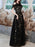 Black Evening Dress A-Line Jewel Neck Lace Floor-Length Feathers Social Pageant Dresses