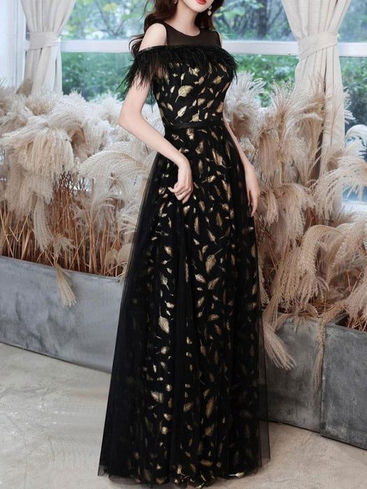 Black Evening Dress A-Line Jewel Neck Lace Floor-Length Feathers Social Pageant Dresses