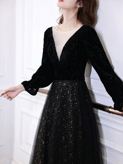Black Evening Dress A-Line Jewel Neck Long Sleeves Sequined Lace Soft Tulle Floor-Length Formal Party Dresses