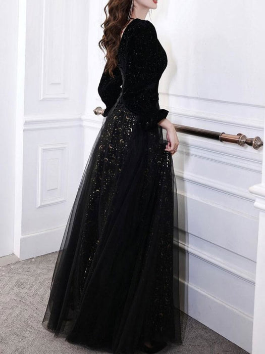Black Evening Dress A-Line Jewel Neck Long Sleeves Sequined Lace Soft Tulle Floor-Length Formal Party Dresses