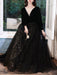 Black Evening Dress A-Line Jewel Neck Long Sleeves Sequined Lace Soft Tulle Floor-Length Formal Party Dresses