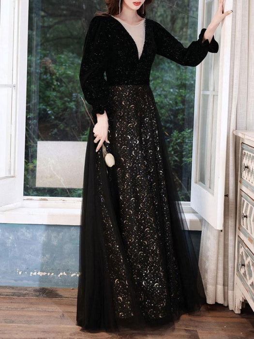 Black Evening Dress A-Line Jewel Neck Long Sleeves Sequined Lace Soft Tulle Floor-Length Formal Party Dresses