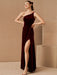 Black Evening Dress A-Line One-Shoulder Velour Floor-Length Split Front Social Party Dresses