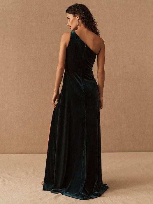 Black Evening Dress A-Line One-Shoulder Velour Floor-Length Split Front Social Party Dresses
