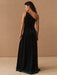 Black Evening Dress A-Line One-Shoulder Velour Floor-Length Split Front Social Party Dresses