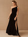 Black Evening Dress A-Line One-Shoulder Velour Floor-Length Split Front Social Party Dresses