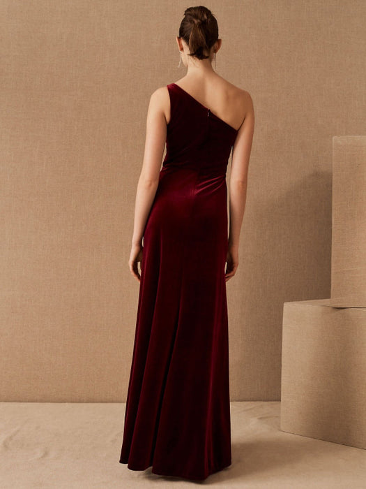 Black Evening Dress A-Line One-Shoulder Velour Floor-Length Split Front Social Party Dresses