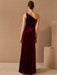 Black Evening Dress A-Line One-Shoulder Velour Floor-Length Split Front Social Party Dresses