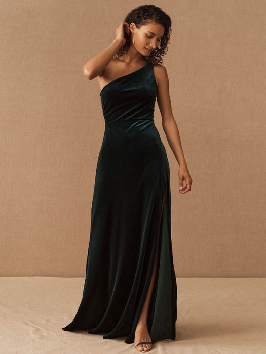 Black Evening Dress A-Line One-Shoulder Velour Floor-Length Split Front Social Party Dresses