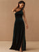 Black Evening Dress A-Line One-Shoulder Velour Floor-Length Split Front Social Party Dresses