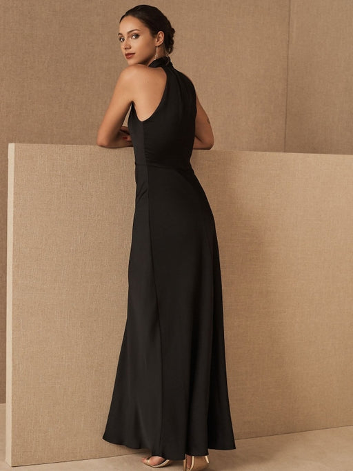 Black Evening Dress A-Line Sleeveless Halter Matte Satin Floor-Length Pleated Formal Dinner Dresses